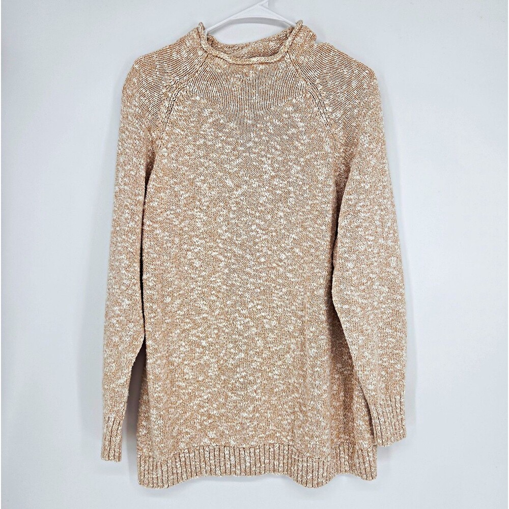 L.L.Bean Womens 1X Plus White Speckled Mock Neck Cotton Raglan Sweater Fall Cozy